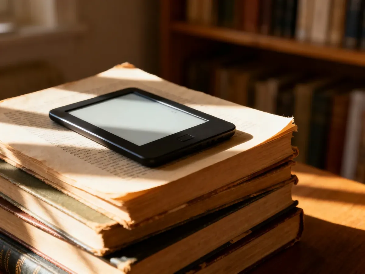 Nowoczesny czytnik e-booków położony na stosie tradycyjnych książek w przytulnej domowej biblioteczce.