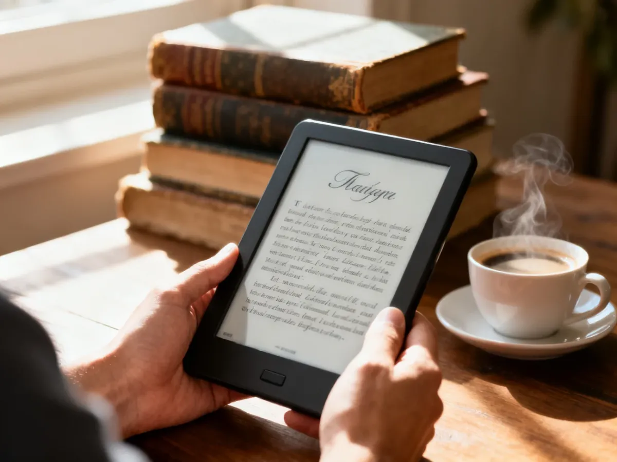Czytnik e-booków trzymany w dłoniach na tle filiżanki kawy i książek, tworzący przytulną atmosferę do czytania.