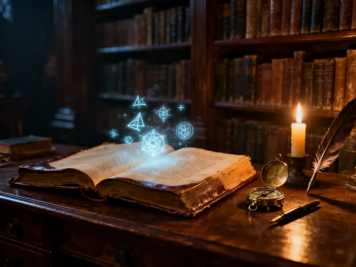 Stare biurko z magiczną księgą, kompasem i piórem w klimatycznej bibliotece, nawiązujące do świata fantasy Brandona Sandersona.