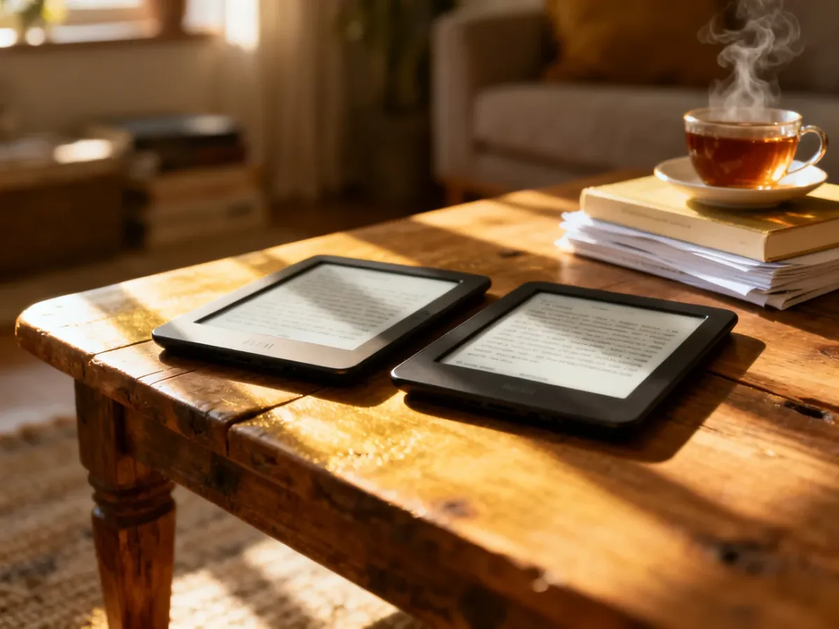 Dwa czytniki e-booków leżące obok siebie na drewnianym stole w przytulnym kąciku czytelniczym.