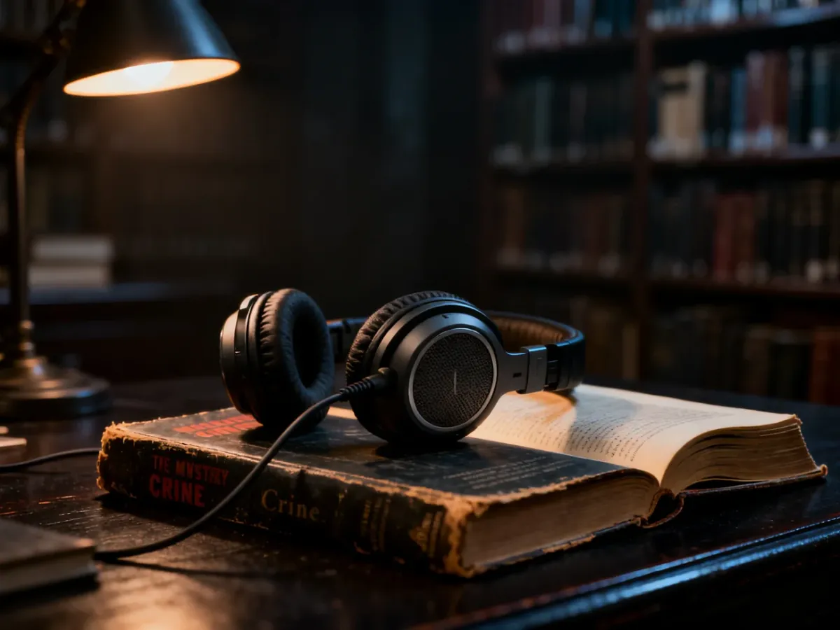 Profesjonalne słuchawki leżące na otwartym kryminale na drewnianym biurku w nastrojowej bibliotece.