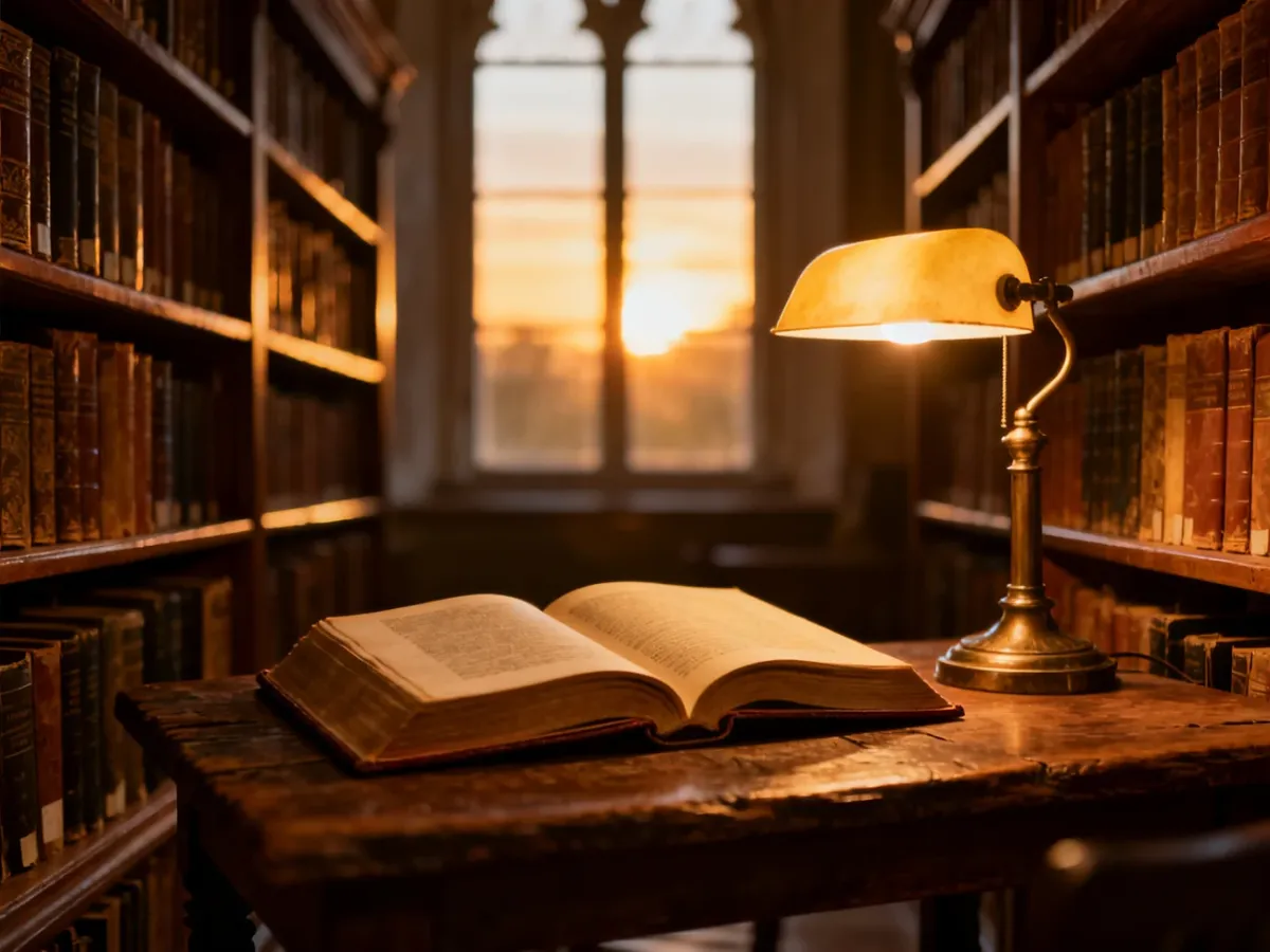 Przytulne wnętrze biblioteki z otwartą książką na drewnianym stole, zachęcające do lektury w spokojnej atmosferze.