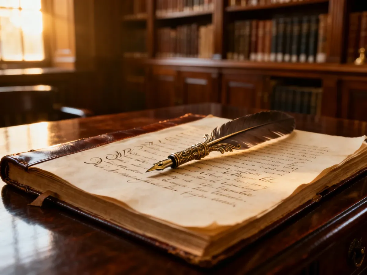 Zabytkowy dokument prawny z piórem na dębowym biurku w bibliotece, nawiązujący do tradycji prawa rzymskiego.
