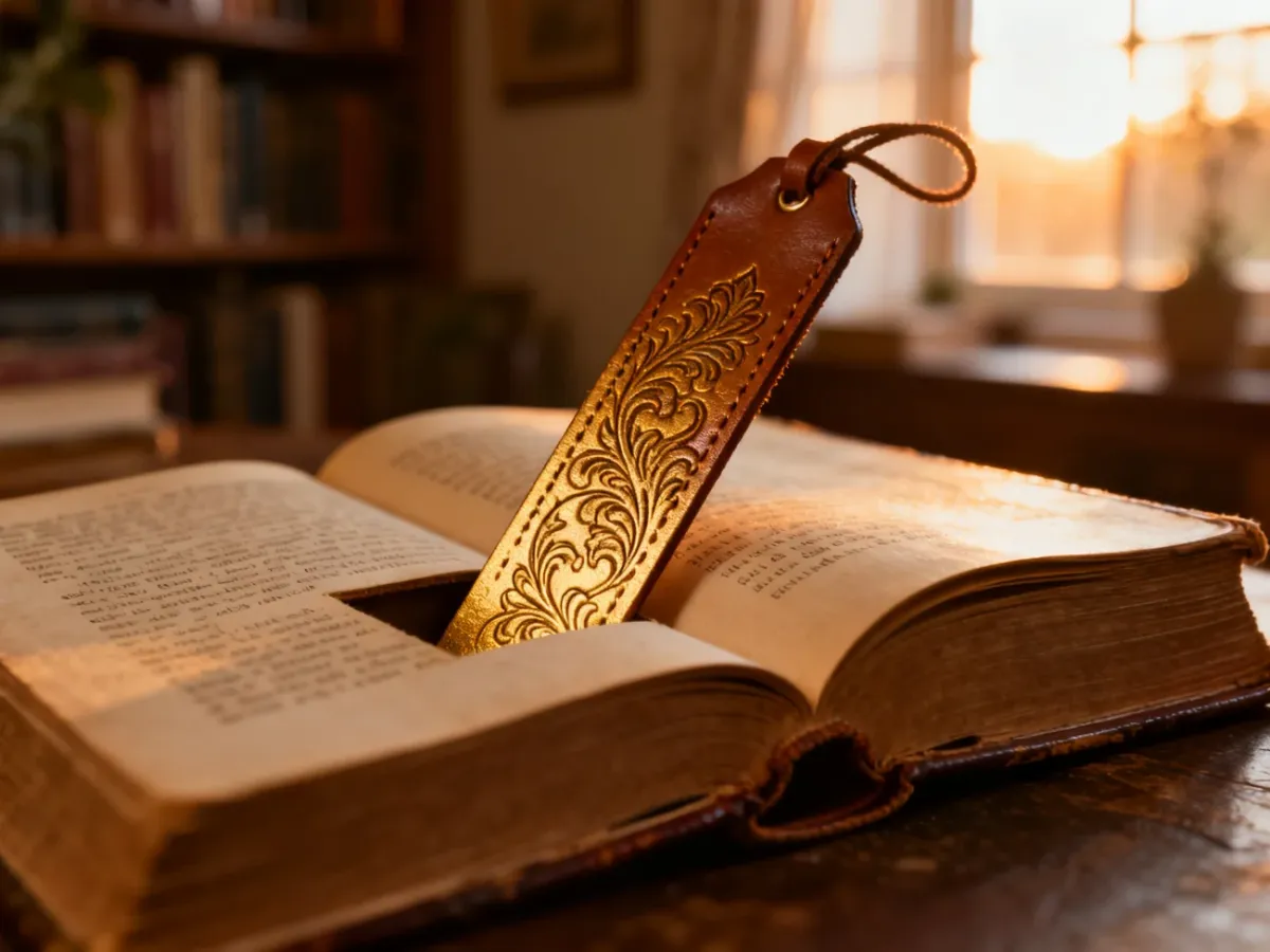 Elegancka, skórzana zakładka z tłoczonym wzorem umieszczona w otwartej, zabytkowej książce w przytulnej biblioteczce.