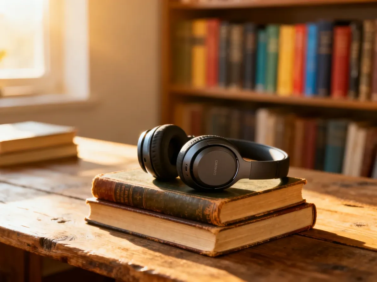 Nowoczesne słuchawki bezprzewodowe leżące na stosie książek, tworzące przytulną atmosferę do słuchania audiobooków.